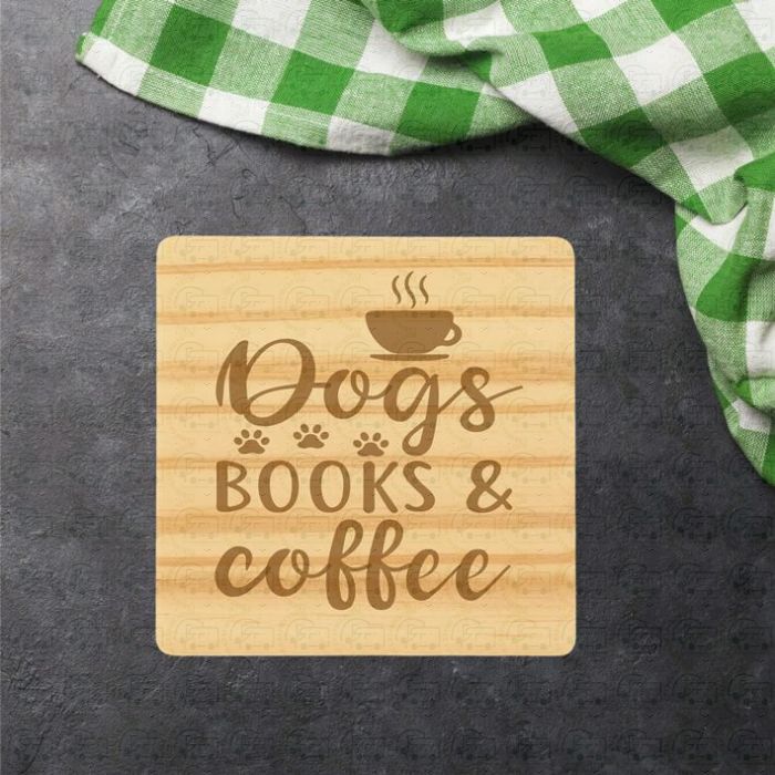 Dogs, Books and Coffee (Single  Wooden Coaster) by Galloway Crafts